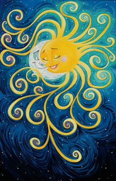 a painting of a sun and moon with swirls in the night sky above it