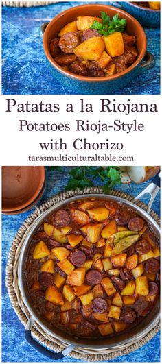 potatoes and meat in a pot with text overlay that reads patatas al la riojana potatoes rico - style with chorizo