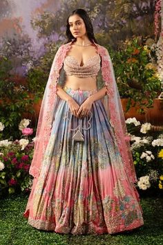 Ice blue and pink ombre, attached cancan lehenga adorned with hand-embroidered nalki crystals, sequins, and beads. Comes with padded cowl neck blouse embellished with sequins, beads, and nalki crystals attached rhinestone studded straps and a butterfly net dupatta with floral embroidery and cutwork detailing at borders. - Aza Fashions Lehenga Patterns, Engagement Mehndi, Sick Clothes, Cowl Neck Blouse, Function Dresses, Indian Outfits Lehenga, Embroidery Crafts, Dresses Traditional, Lehnga Dress