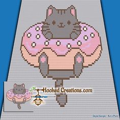 a cross stitch pattern with a cat holding a donut