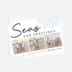 the cover of seas and greetings with three pictures of people in blue outfits on it