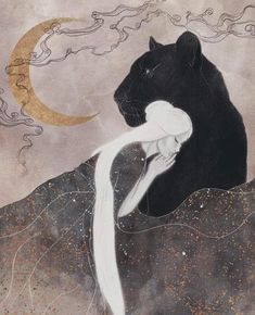 a painting of a woman and a black cat with long white hair standing in front of a crescent moon