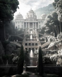 a large building with stairs leading up to it and trees in the foreground, surrounded by greenery