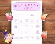 an image of a menu for a bar crawl with drinks on the side and garnishes around it