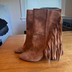 Super Cute Dolce Vita Ankle Boots With 4” Heel And Almond Toe. Real Buttery Soft Suede With Fringe At The Back For All You Rockers And Cowgirls. Never Worn Outside. Rich Cognac Color Would Be A Great Compliment For Burnt Orange. Brown Suede Pointed Toe Mid-calf Boots, Brown Pointed Toe Suede Mid-calf Boots, Brown Suede Heeled Boots For Party, Brown Suede Mid-calf Boots With Pointed Toe, Brown Pointed Toe Mid-calf Boots For Spring, Spring Fringe Boots With Pointed Toe, Chic Fringe Boots For Winter, Brown Closed Toe Heeled Boots For Party, Brown Fringed Boots For Spring