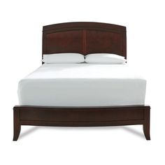 a wooden bed frame with white sheets and pillows on it's headboard, against a white background