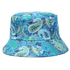 New Bucket Hat Paisley Aqua New Bucket Hat Reverses To Black. Reversible Blue Bucket Hat For Spring, Summer Reversible Blue Hat, Casual Reversible Blue Bucket Hat, Blue Reversible Bucket Hat For Beach, Reversible Blue Bucket Hat For Beach, Blue Bucket Hat With Flat Brim For Spring, Trendy Blue Flat Brim Bucket Hat, Blue Reversible Bucket Hat, Blue Reversible Brimmed Hat