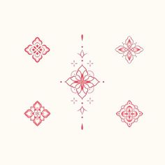 some red and pink designs on a white background, all in different shapes and sizes