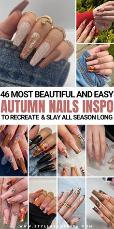 fall nails Unique Autumn Nails, Fall Nails 2024 Coffin, Coffin Nails Fall 2024, Fall Nail Designs Long Nails, Coffin Fall Nail Ideas, Flashy Fall Nails, Fall Coffin Shape Nails, Fall Nail Designs With Rhinestones, December Coffin Nail Ideas