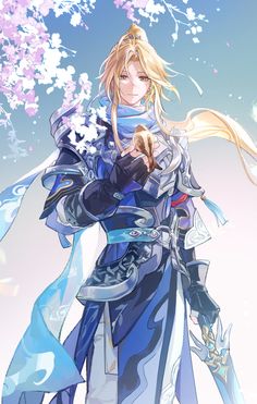 an anime character with long blonde hair and blue outfit holding a flower in her hand