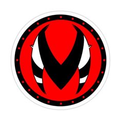 a red and black sticker with the letter v in it's center on a white background