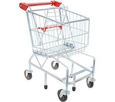 an empty shopping cart on wheels with red handles