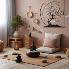 a living room decorated in pink and white with rocks on the floor, buddha statue