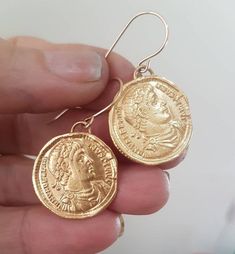 Gold coin earrings, antique coin earrings, dangle coin earrings, antique earrings, Greek coin earrin Brass Coin Pendant Medallion Earrings, Brass Medallion Earrings With Coin Pendant, Antique Gold Coin Necklace Nickel Free, Gold Coin Pendant Earrings, Delicate Gold Earrings, Gold Coin Earrings, Antique Gold Earrings, Silver Coin Necklace, Gold Investments