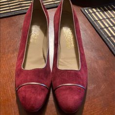 Ferragamo Beautiful Kitten Heels Shoes They Are Absolutely Stunning And In Good Condition. Shoe Color Maroon . Red 4-inch Kitten Heels For Spring, Red Kitten Heels With 4-inch Heel, Beautiful Kittens, Red Pointed Toe Heels With 4-inch Heel, Ferragamo Shoes, Kitten Heel Shoes, Salvatore Ferragamo Shoes, Loafer Flats, Salvatore Ferragamo