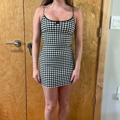 Black And White Plaid Trendy Fitted Plaid Mini Dress, Casual Fitted Plaid Dress, Summer Black Plaid Dress, Trendy Mini Length Plaid Dress, Trendy Mini Dress For Picnic, Trendy Fitted Mini Dress For Picnic, Spring Black Plaid Mini Dress, Spring Black Plaid Mini Length Dress, Black Plaid Mini Dress For Spring