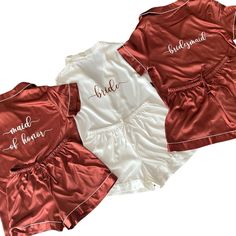 "🔺We offer LONG sets (long pants and long sleeves), and SHORT sets (short sleeves and shorts). Made of high quality silky satin, super soft and more luxurious fabric with spandex for comfort make these satin pajamas a wonderful gifts. Perfect gift for Girlfriend, Mother, Wife, Sister, Daughter, Niece, Aunt. Create your own unique set of bridesmaid pajamas by choosing from many gorgeous colors we offer. Choose to customize your pajama with your own text to add a special touch. 🔺HOW TO ORDER: 1) Fitted Satin Set For Wedding Night, White Short Sleeve Sets For Wedding Night, White Bridesmaid Gift Sets, White Sets For Bridesmaid Gift, White Satin Sets For Summer, White Satin Sets For Wedding Night, Summer Wedding Matching Set, Red Wedding Sets For Summer, Red Summer Wedding Sets