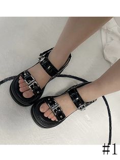 Size 			34 			35 			36 			37 			38 			39 			40 		 		 			Foot Length 			22 			22.5 			23 			23.5 			24 			24.5 			25 		 		 			Heel 			9 			9 			9 			9 			9 			9 			9 Flat Sandals With Metal Pin Buckle For Summer, Summer Sandals With Metal Pin Buckle And Flat Heel, Trendy Sandals With Metal Feet And Round Toe, Trendy Sandals With Metal Pin Buckle And Round Toe, Trendy Sandals With Metal Pin Buckle, Summer High Heel Sandals With Metal Pin Buckle, Black Flat Sandals With Metal Pin Buckle, Black Platform Lace-up Sandals For Summer, Black Platform Lace-up Summer Sandals