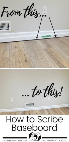 the before and after photo shows how to paint a baseboard in an empty room