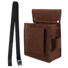 a brown bag with two pockets and a black belt attached to the back of it