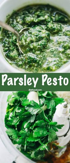 parsley pesto soup in a white bowl