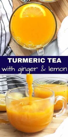 turmeric tea with ginger and lemon is being poured into glass mugs on a cutting board