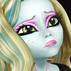 a close up of a doll with long blonde hair and green eyes, wearing pink eyeliners