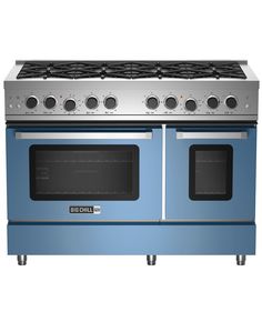 a blue oven with four burners and two doors