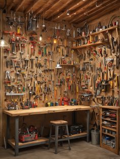 a workbench with lots of tools hanging on the wall