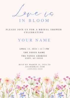 the wedding shower is in bloom with flowers and leaves on pink, blue, and white background