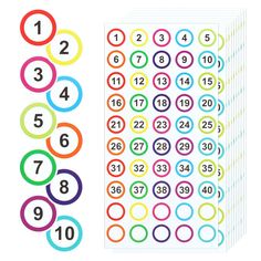 colorful numbers and circles stickers on a white background