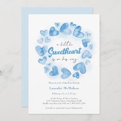 a blue watercolor heart shaped card with the words little sweetheart on it