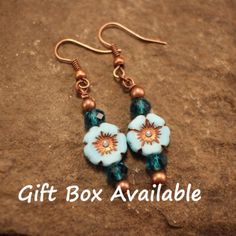 Handmade By Me. This Antique Copper Earring Is Accented With A Fire Polished Turquoise Double Sided Flower Czech Bead, Blue-Green Glass Bead, And Antique Copper Bead. A Very Dainty Pair Of Earrings. Please Let Me Know If You Would Like A Gift Box. Approximately 2 Inches In Length From Top To Bottom. Smoke Free Home Cross Listed Turquoise Flower Earrings, Turquoise Boho, Turquoise Flowers, Copper Earrings, Display Cards, Czech Beads, Antique Copper, Green Glass, Flower Earrings