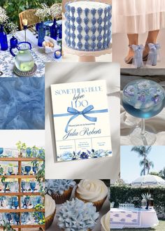 a collage of blue and white wedding decorations, cake, cupcakes, and other items