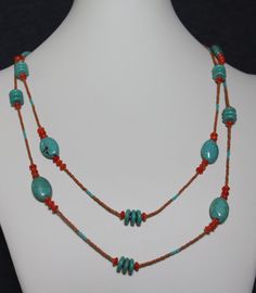 Turquoise and Orange Coral Long Single Strand by ACenteredStone Reconnect With Nature, Orange Jewelry, Orange Coral, Beaded Collar, Eyeglass Holder, Beaded Statement Necklace, Glass Seed Beads, Bead Leather, December Birthstone