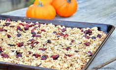 a pan filled with oatmeal and cranberries next to two pumpkins