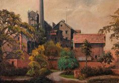 a painting of an old factory with trees and bushes in the foreground, on a cloudy day