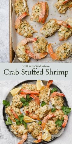 crab stuffed shrimp with lemons and parsley on the side, in a baking pan