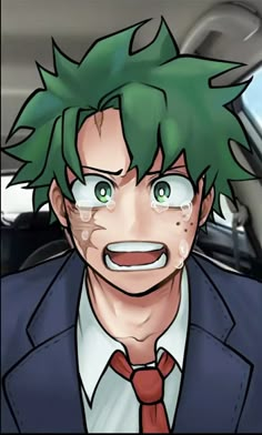 an anime character with green hair wearing a suit and tie in the back seat of a car