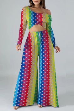 Rainbow Striped Print Pant Set Casual Multicolor Fitted Wide Leg Pants, Casual Fitted Multicolor Wide Leg Pants, Non-stretch Multicolor Wide Leg Pants For Spring, Multicolor High-waisted Wide Leg Pants, Multicolor Stretch Wide Leg Pants For Spring, Stretch Multicolor Wide Leg Pants For Spring, Rainbowcore Fashion, Two Piece Suits, Print Pant