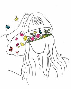 a drawing of a girl with flowers and butterflies on her head