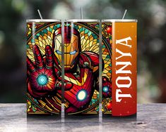 an iron man can cooler with the words tonyone on it and stained glass images