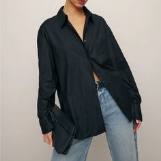 Brand New Without Tags Designed To Be Oversized And Relaxed Throughout. This Style Is Intentionally Oversized. Size Down If You Like It More Tailored. This Woven Fabric Is Made From 98% Organic Cotton And 2% Spandex. Wash Cold + Dry Flat Black Oversized Button Up Shirt Women, Elegant Oversized Black Shirt, Chic Oversized Everyday Shirt, Chic Oversized Shirt For Everyday, Trendy Oversized Black Blouse, Oversized Black Button-up Blouse, Oversized Black Top For Office, Chic Oversized Shirt For Work, Oversized Solid Color Office Top