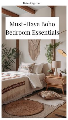 Boho-themed bedroom with woven textiles, indoor plants, and a macrame wall hanging.