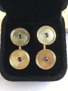 Handsome vintage 14 k yellow gold Cufflinks . The surface is beautifully engine turned with a cabochon sapphire in the center. They are in beautiful used condition . They are stamped 14k. They are slightly over 1/2 inch diameter. Really beautiful quality and elegant in a refined manner. They weigh 4.1 grams. Looks like something you inherited from a wealthy great grandfather. Shipping cost includes priority postage and insurance. Gold Cufflinks, Vintage Cufflinks, Cufflinks, Jewelry Watches, Mens Jewelry, Sapphire, Yellow Gold, Gold, Beauty