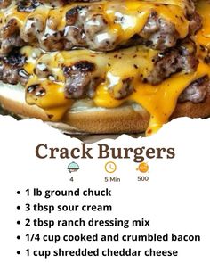 a large cheeseburger on a bun with other toppings and information about it