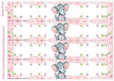 two elephants are sitting on top of each other in front of pink and white background