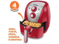 an image of french fries being cooked in a red air fryer with caption