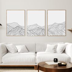 three paintings on the wall above a white couch