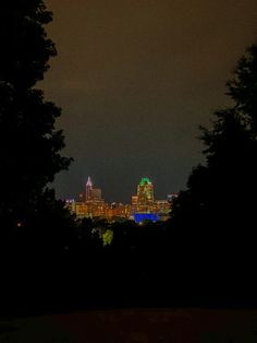 the city is lit up at night from across the trees in the foreground and on the far side